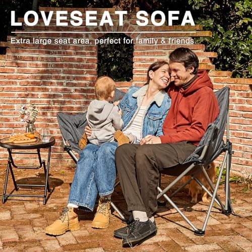 EVER ADVANCED Double Camping Chair for Adults, Padded Folding Camping Love Seat Bench with Side Pocket Portable Camping Couch, Two Person Heavy Duty Folding Outdoor Chair with Cushion,Support 600lbs