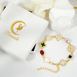 Gold Clover Charm Link Bracelet for Women Cute Colorful Geometric Diamond Mother of Pearl Lucky Four Leaf Clover Bracelet Enamel Crystal Rhinestone Statement Bracelet Adjustable Party Jewelry Gift