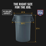Kleen Commercial Brute Heavy-Duty Round Trash Can, 44-Gallon, Gray, Utility Garbage Container, Landscapers/Construction Sites/Restaurants/Offices/Warehouses Made in USA