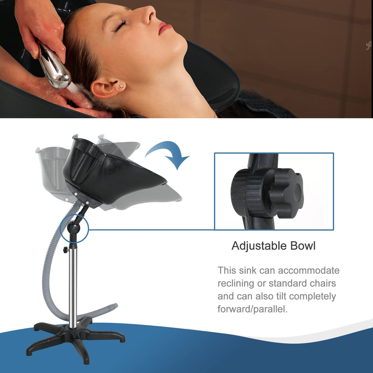 Height Adjustable Portable Salon Deep Shampoo Basin Sink Hair Treatment Bowl with Drain Hose Black