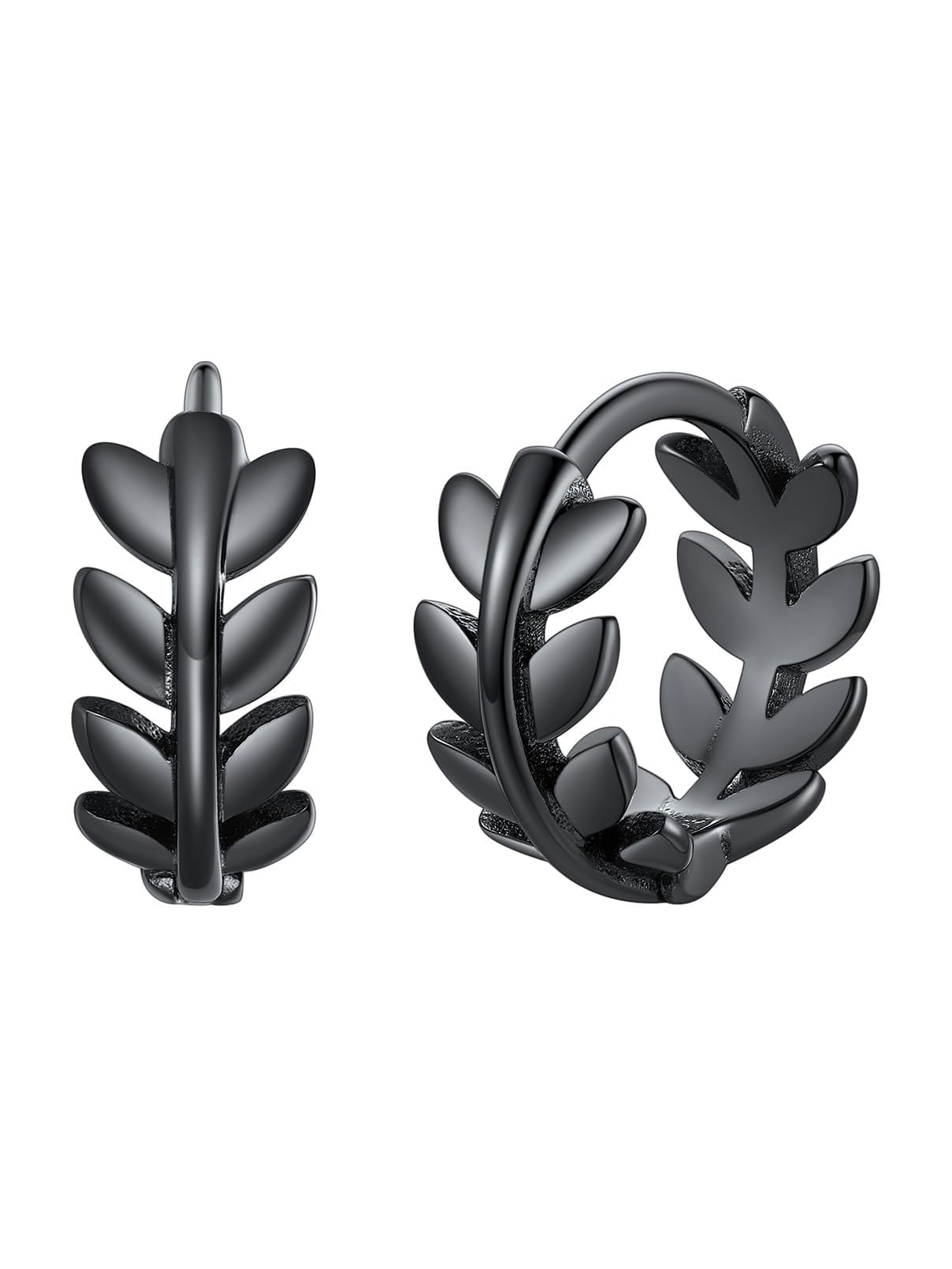 FaithHeart Small Black Leaf Hoop Earrings for Women, Black Stainless Steel Huggie Hoops Earrings Lightweight Hypoallergenic Jewelry for Sensitive Ears