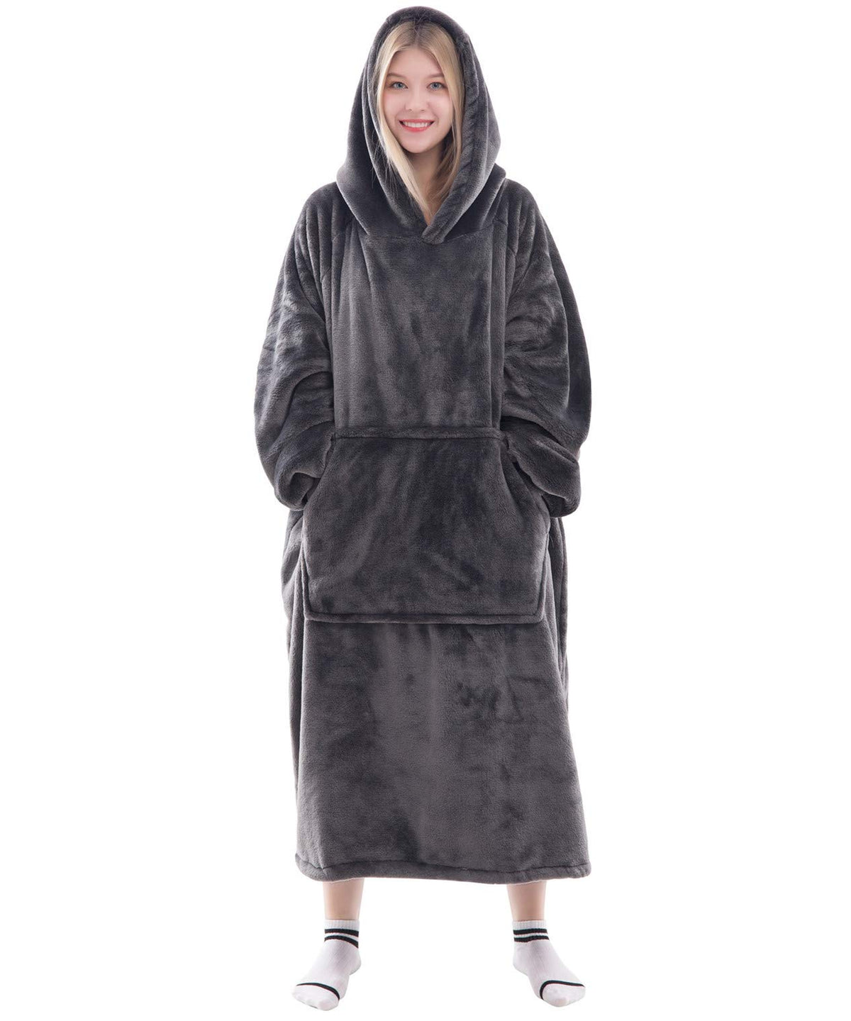 Waitu Wearable Blanket Sweatshirt Gifts for Women and Men, Warm and Cozy Giant Blanket Hoodie, Thick Flannel Hooded Blanket with Sleeves and Giant Pocket - Dark Gray