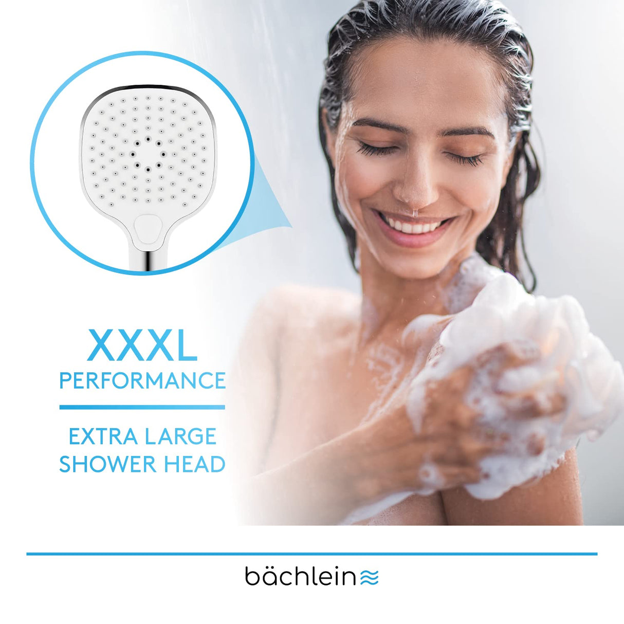 Bächlein Universal Shower Head - Shower Head with 3 Spray Types, Easy to Change with Practical Push Button - Square Shower Head Chrome - Hand Shower with Standard G 1/2" Connection Dimension
