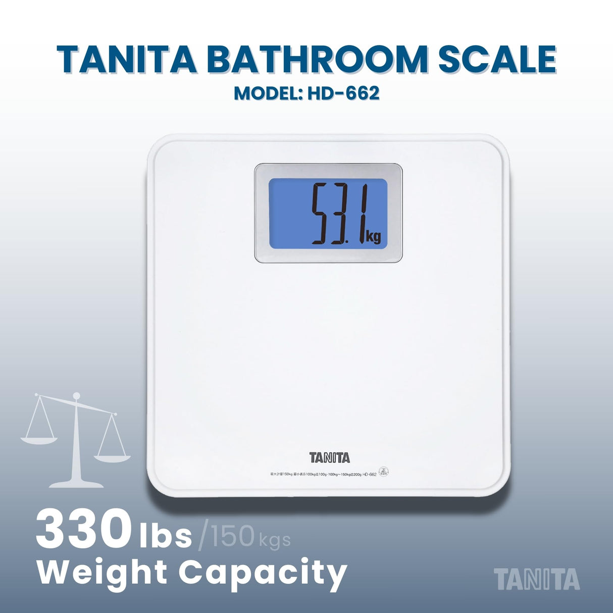 Tanita HD-662 Digital Weight Scale (White) - Japan Technology Bathroom Scale with 330 lb Weight Capacity - 2" Blue Backlit Large LCD Display - Accurate, Durable, Step-On Operation