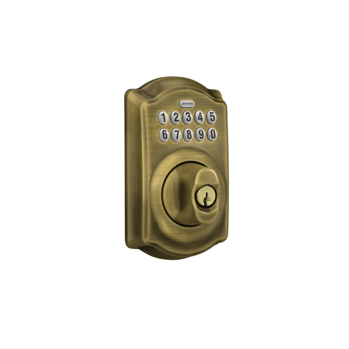 Schlage Camelot Electronic Keypad Deadbolt Lock, Keyless Front Door Entry, Mechanical Key Backup Included, Antique Brass, BE365 CAM 609