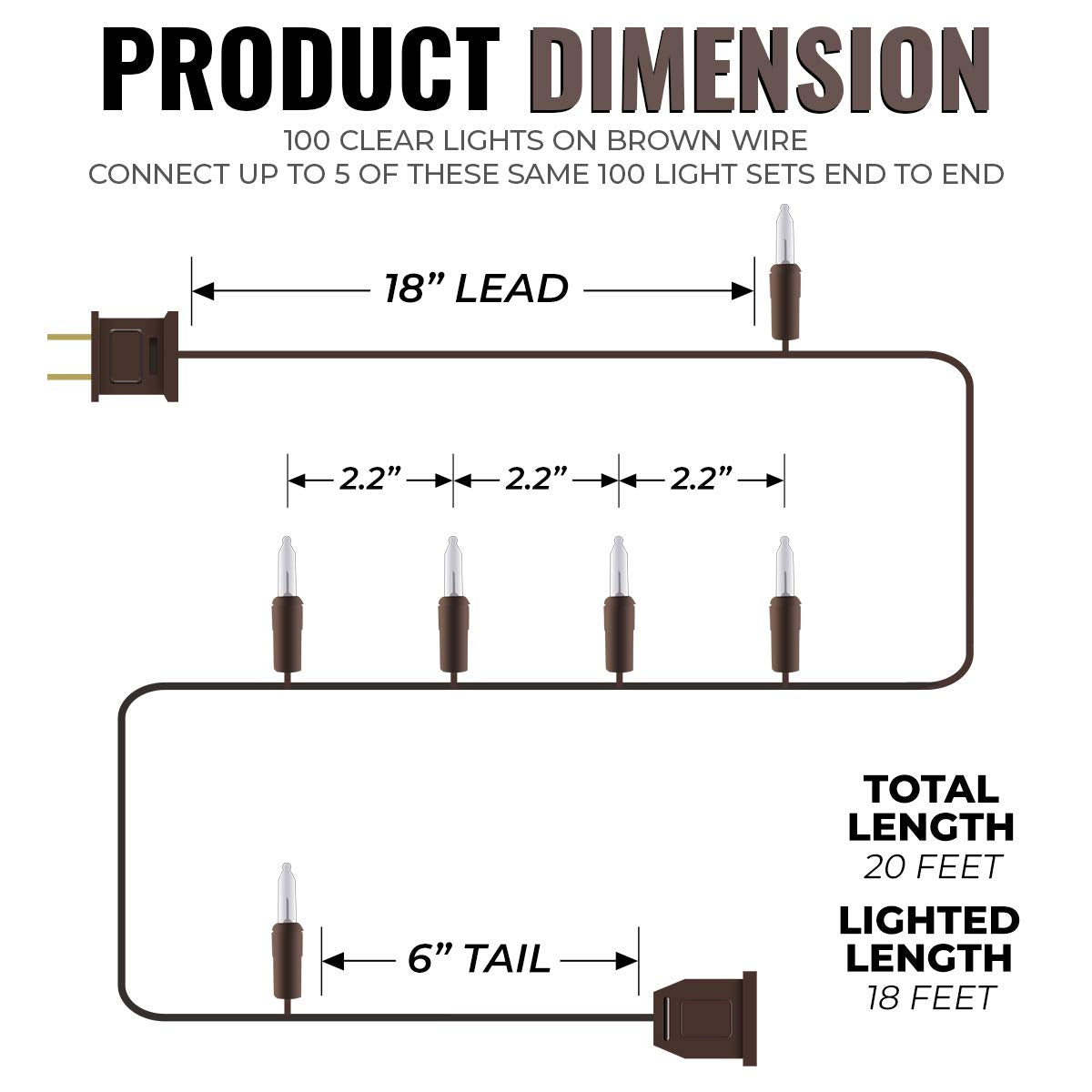 612 Vermont 100 Clear Mini Christmas String Lights on Brown Wire Cord, UL Approved for Indoor/Outdoor Use, 18 Foot of Lighted Length, 20 Foot of Total Length (Pack of 2)