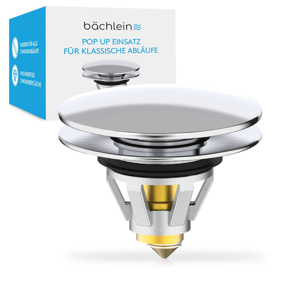 Bächlein Universal Pop Up Washbasin Plug - Chrome Drain Strainer for Washbasins - 40mm Drain Valve Plug with Hair Strainer