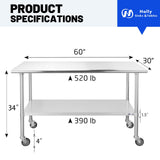 Hally Stainless Steel Table for Prep & Work 30 x 60 Inches with Caster Wheels, NSF Commercial Heavy Duty Table with Undershelf and Galvanized Legs for Restaurant, Home and Hotel