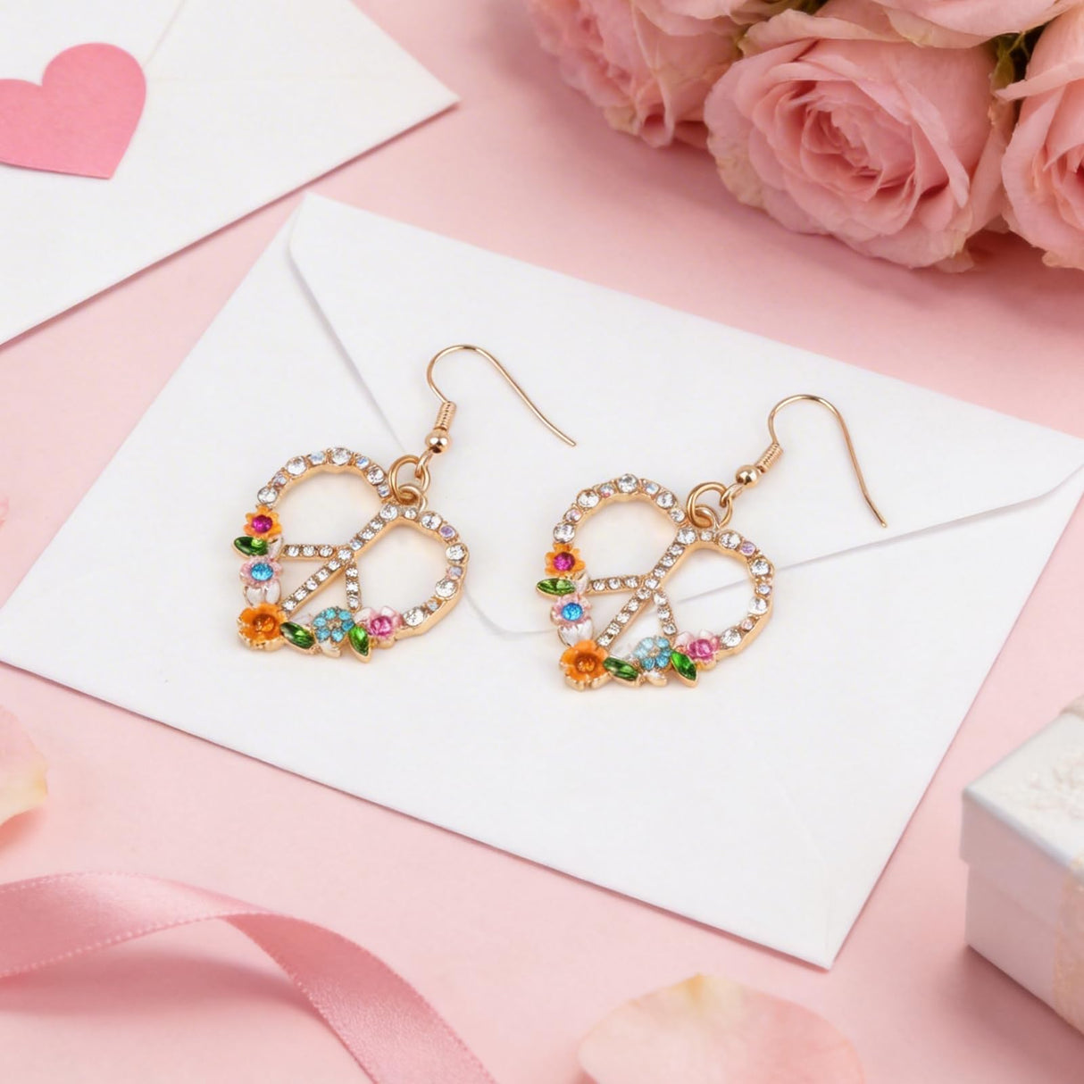 Peace Sign Earrings, 70s Hippie Earrings, Boho Heart Flower Diamond Drop Earrings for Women, Zirconia Love Heart Pendant Dangle Peace Earring, Rose Gold Chain Birthday Valentines Day Jewelry Gifts