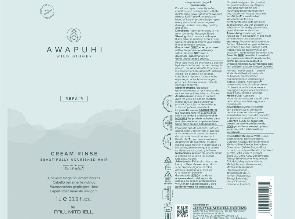 Awapuhi Wild Ginger by Paul Mitchell Cream Rinse, Detangles + Repairs, For Dry, Damaged + Color-Treated Hair, 33.8 fl. oz.