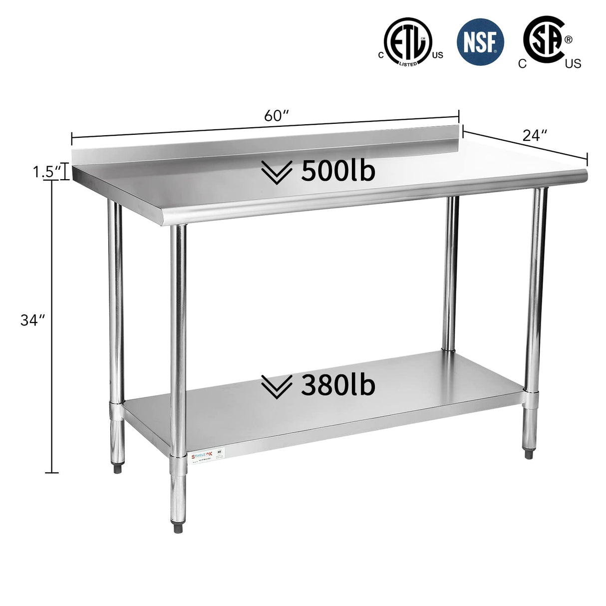 STABLEINK NSF Stainless Steel Prep and Work Table 24 x 60 Inches 5ft Heavy Duty Metal Table with Backsplash and Undershelf for Commercial Kitchen, Restaurant,Home, Laundry Room