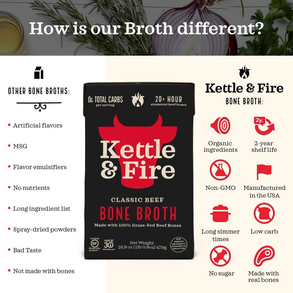 Beef Bone Broth Soup by Kettle and Fire, Pack of 4, Keto Diet, Paleo Friendly, Whole 30 Approved, Gluten Free, with Collagen, 10g of protein, 16.9 fl oz (Packaging May Vary)