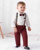 DISAUR Boys Church Outfit Short Sleeve White Flower Dress Shirt Bow Tie Suspender Christmas Red Plaid Pants Toddler Formal Outfit Boy 2t 3t 2-3t