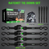 Retractable Ratchet Straps (4-Pack) - 1 Inch x 10 Feet (1,650lb Break Strength) - Heavy Duty Auto Self Retracting Tie Down Straps for Motorcycle, ATV, UTV, Truck, Cargo Trailer - Black