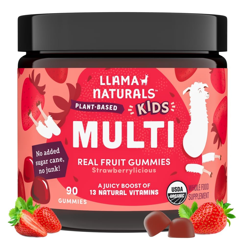 Llama Naturals Kids Multivitamin Gummies, Vegan, Organic with Vitamin D, C & K, Toddler Real Fruit Gummy Vitamins, Chewable Supplement, Whole Food Multivitamin, No Added Sugar Cane, Strawberry, 90 Ct