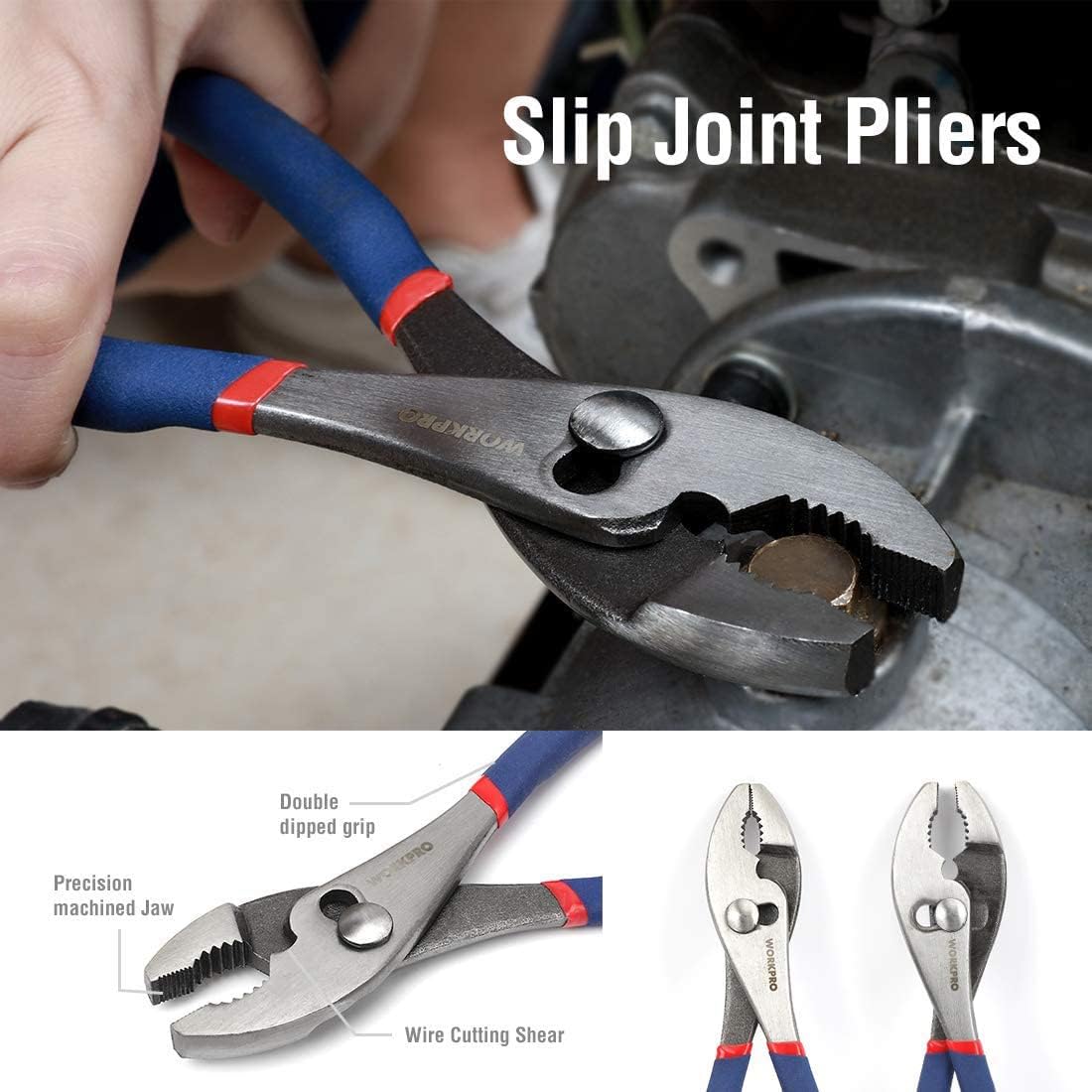 WORKPRO Large Pliers & Wrench Set 6-Piece (10" Water Pump, 10" Slip Joint, 8" Long Nose, 8" Linesman, 6" Diagonal, 8" Adjustable Wrench) for DIY & Home Use, W001329A