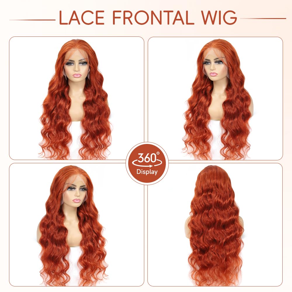 28 Inch Ginger Lace Front Wigs Human Hair Pre Plucked 12A HD Ginger Wig Human Hair 200 Density Ginger Orange Human Hair Wig 13X4 Frontal 88J Body Wave Glueless Wigs