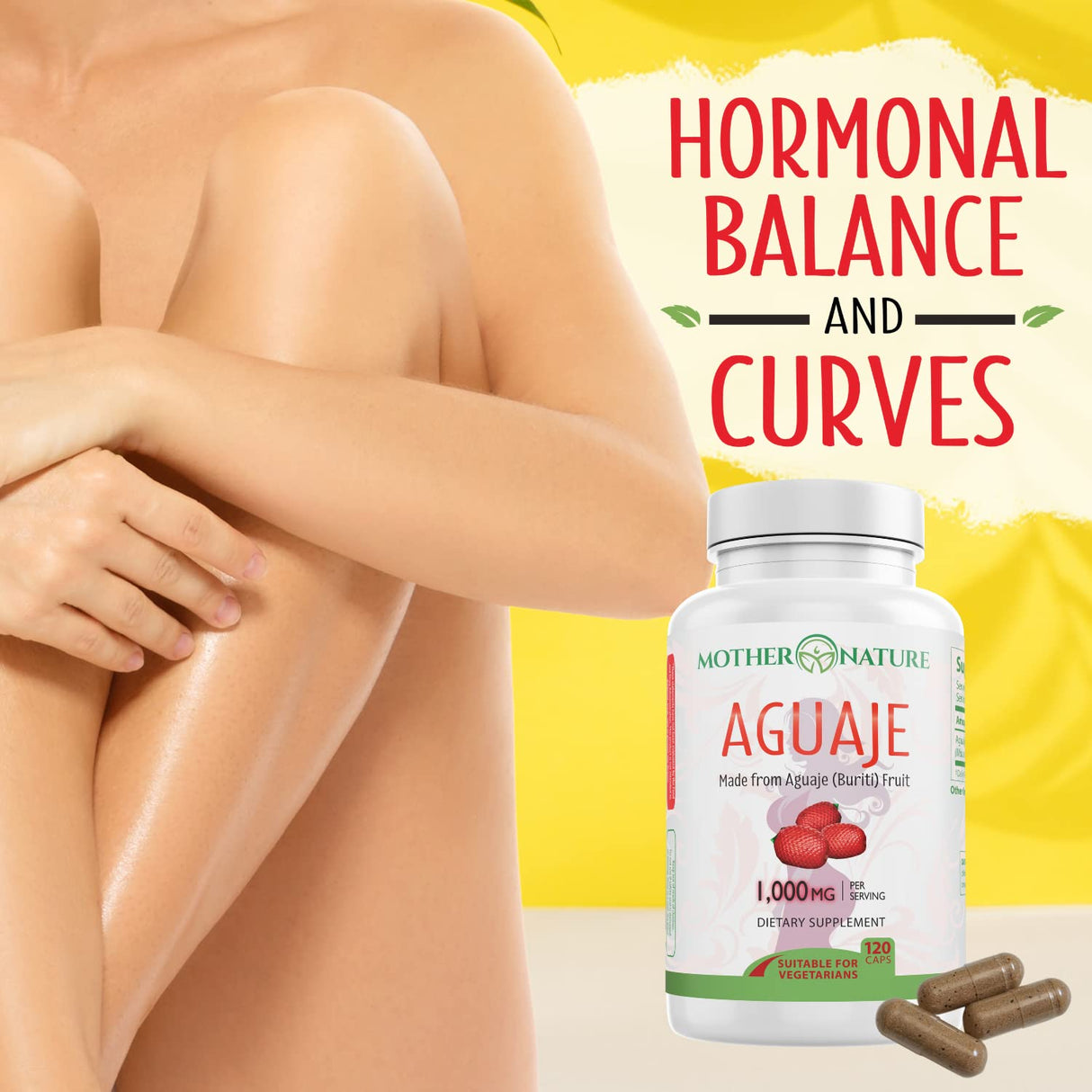 Mother Nature Aguaje Curves Capsules for Women, 1000mg (120ct), Natural & Sustainably Sourced Aguaje Fruit from Peru for Female Health, Hormone Balance, Curve Enhancer, Vegan, Non-GMO & Gluten-Free