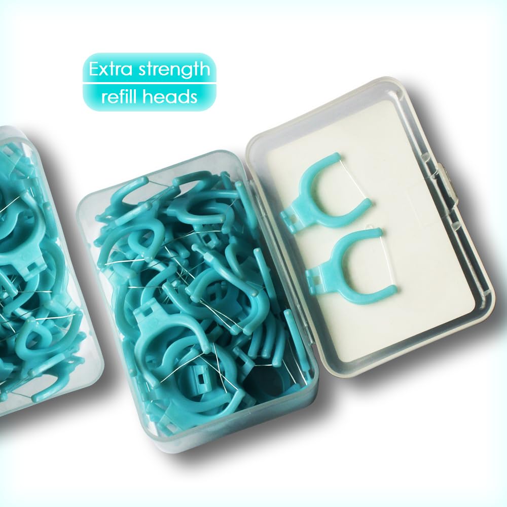 T.Smile NoFuss Dental Flosser Kit, 5-inch Long Handle & Refill Heads, Extra-Strength Floss for Comfortable Clean, Fluoride Free, (1 Blue Handle + 100 Extra-Strength Floss Refills)