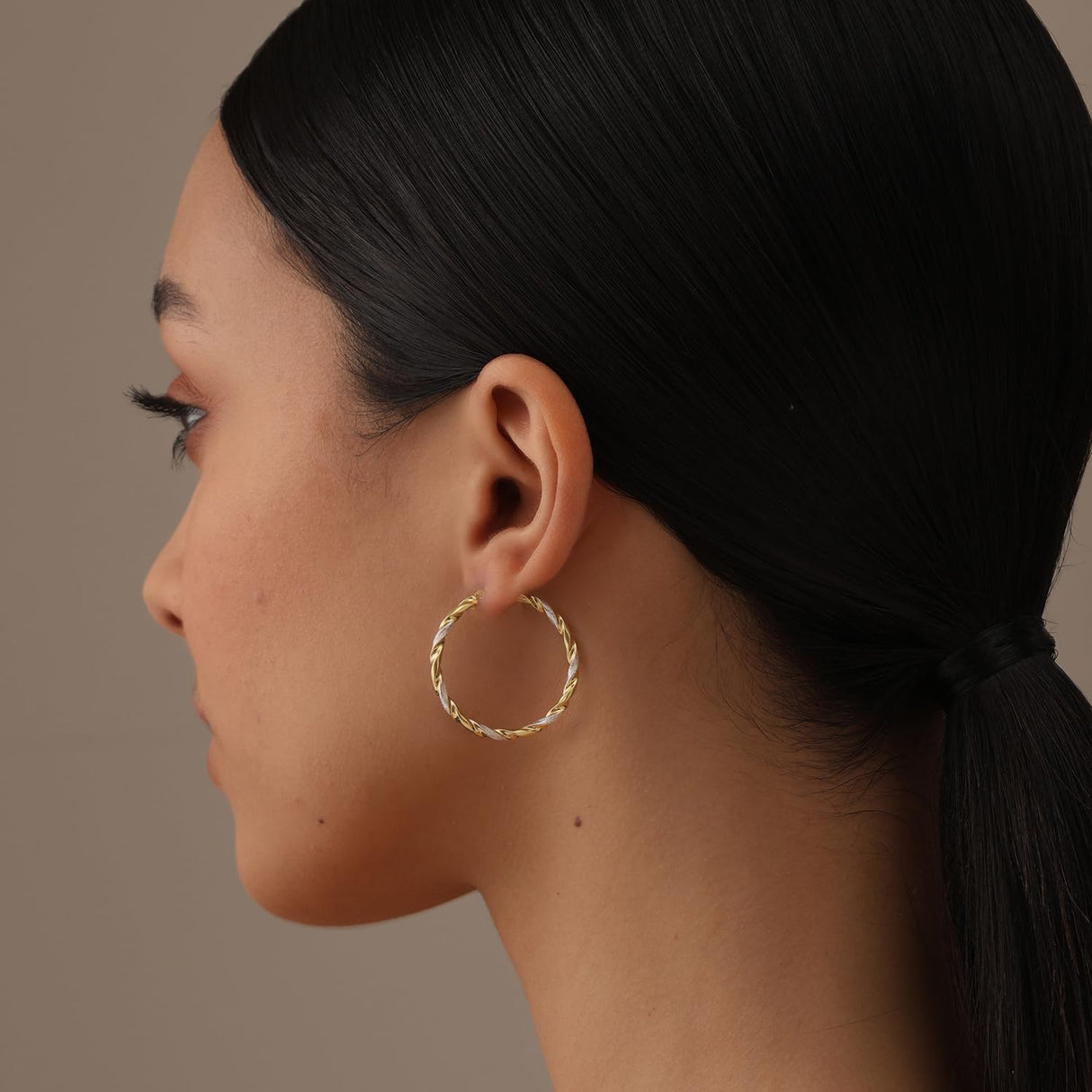 LeCalla 925 Sterling Silver Hoop Earrings 14K Two-Tone Lightweight Italian Design Medium Earrings for Women - 30MM
