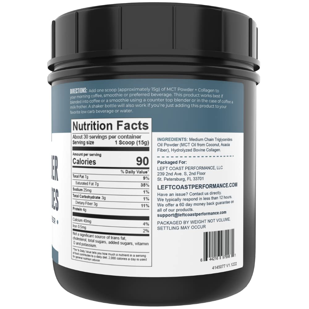 MCT Oil Powder with Acacia Fiber & Collagen Peptides – Prebiotic Collagen Protein, 10g MCTs from Coconuts, Sugar Free Keto Coffee Creamer – Grass Fed, Unflavored, Non-GMO, Gluten Free, 16 oz
