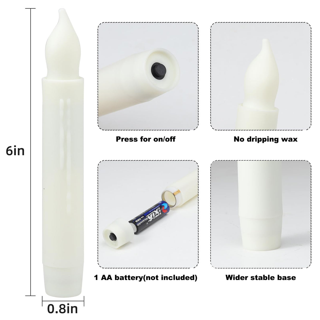 Lezonic Flameless Battery Operated Candlesticks Flickering, 24Pcs White LED Battery Christmas Window Candles, 6 Inch Short Taper Candles Hanging Halloween Floating by Touch, No Remote