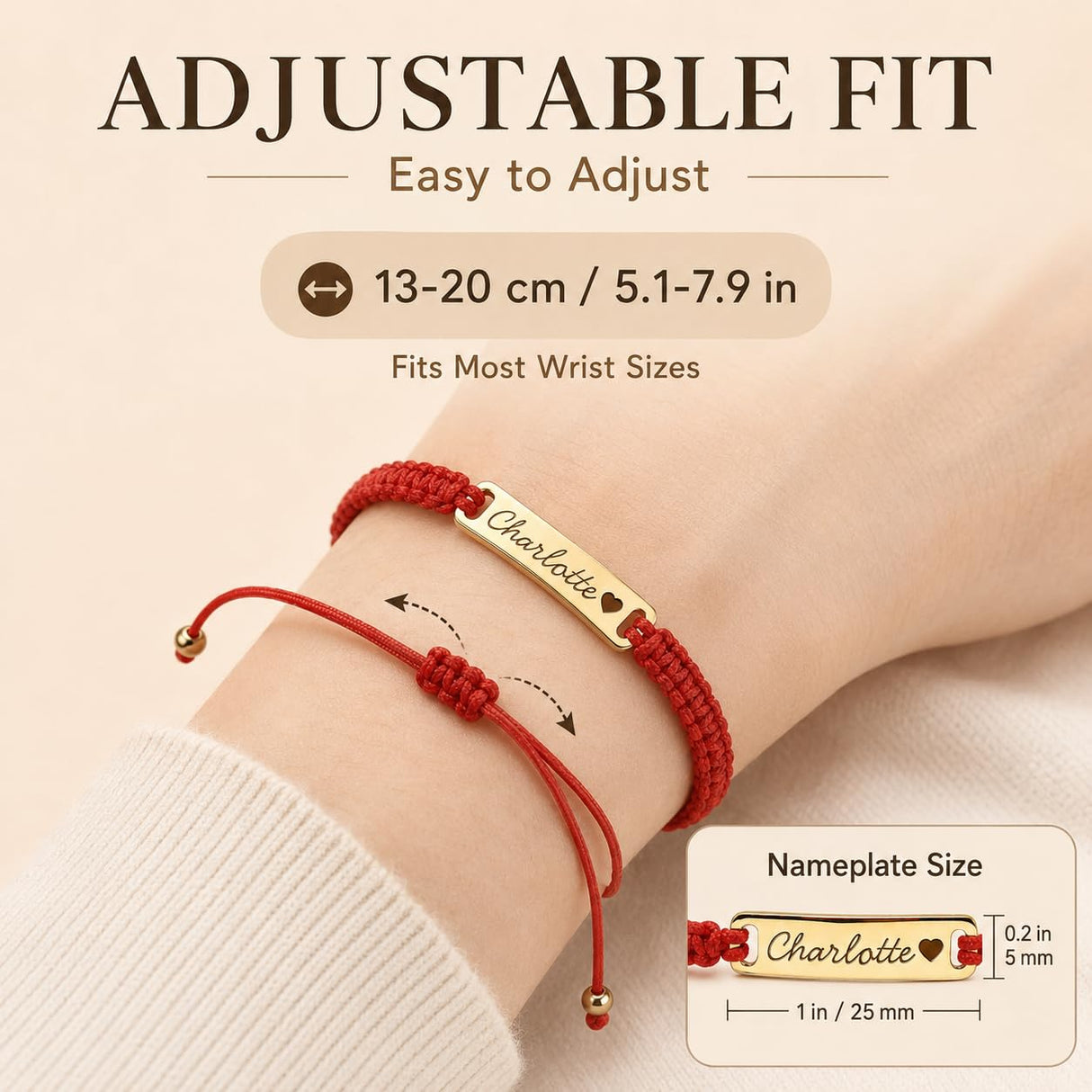 Personalized Name Bracelet, Adjustable Red Braided Cord Design