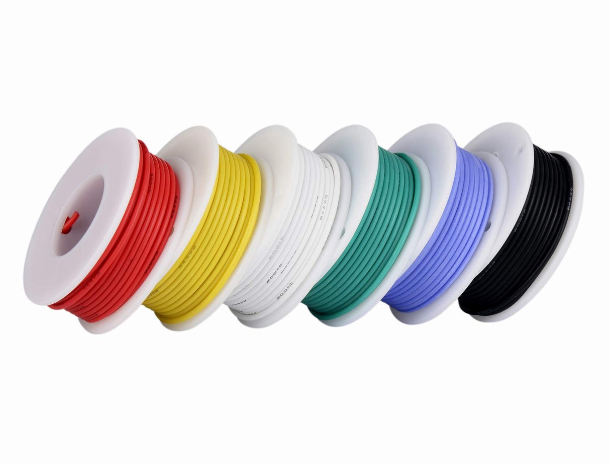 TUOFENG 24 awg Wire Flexible Silicone Wire,24 Gauge Tinned Copper Wires Silicone Rubber Insulated (6 Different Colored 30ft / 9m Each)(OD: 1.6 mm) Hook up Wires