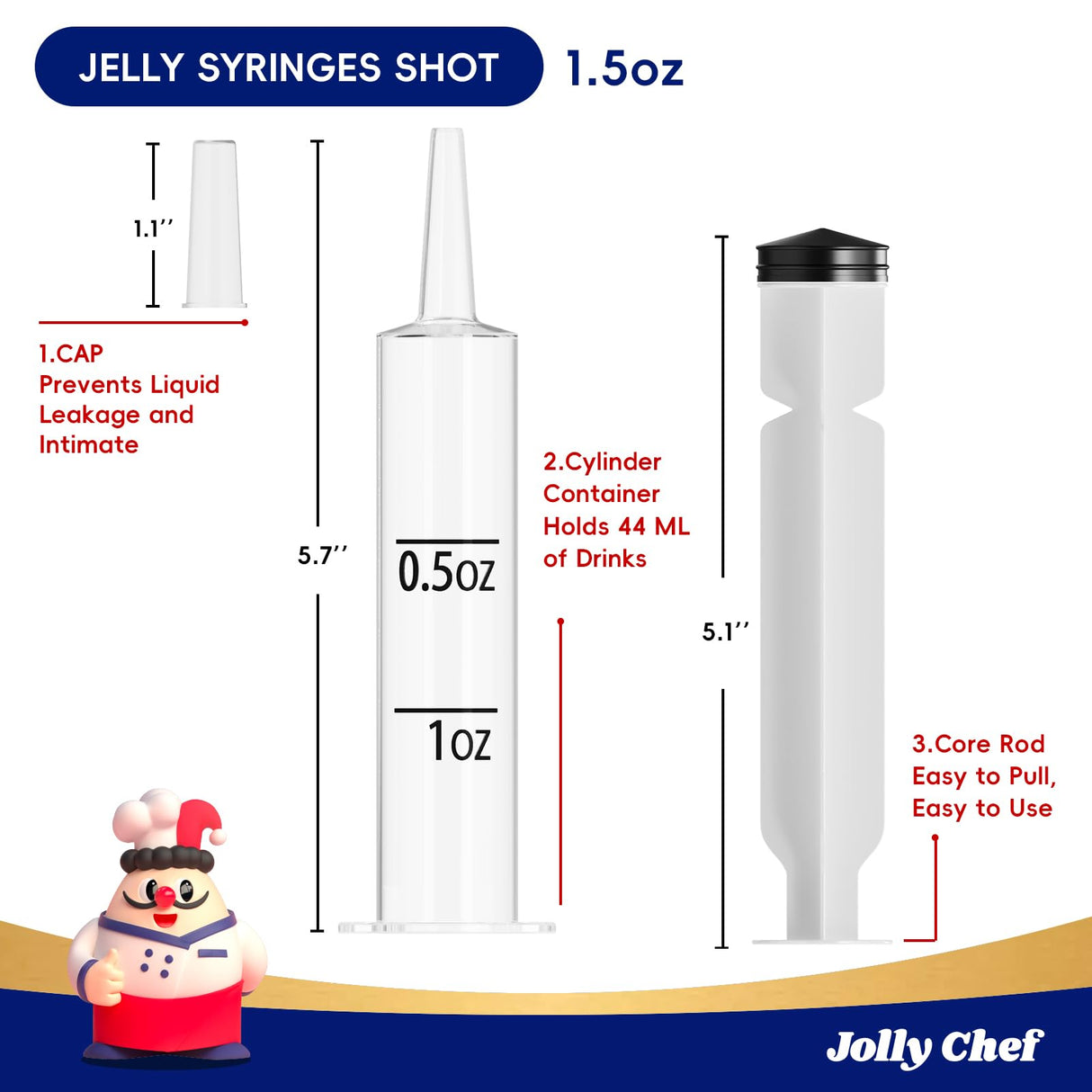 JOLLY CHEF 60 Pack Party Jelly Halloween Shot Syringes, Medium 1.5 oz Container with Lid, Perfect for Plastic Shot Glasses Thanksgiving Christmas