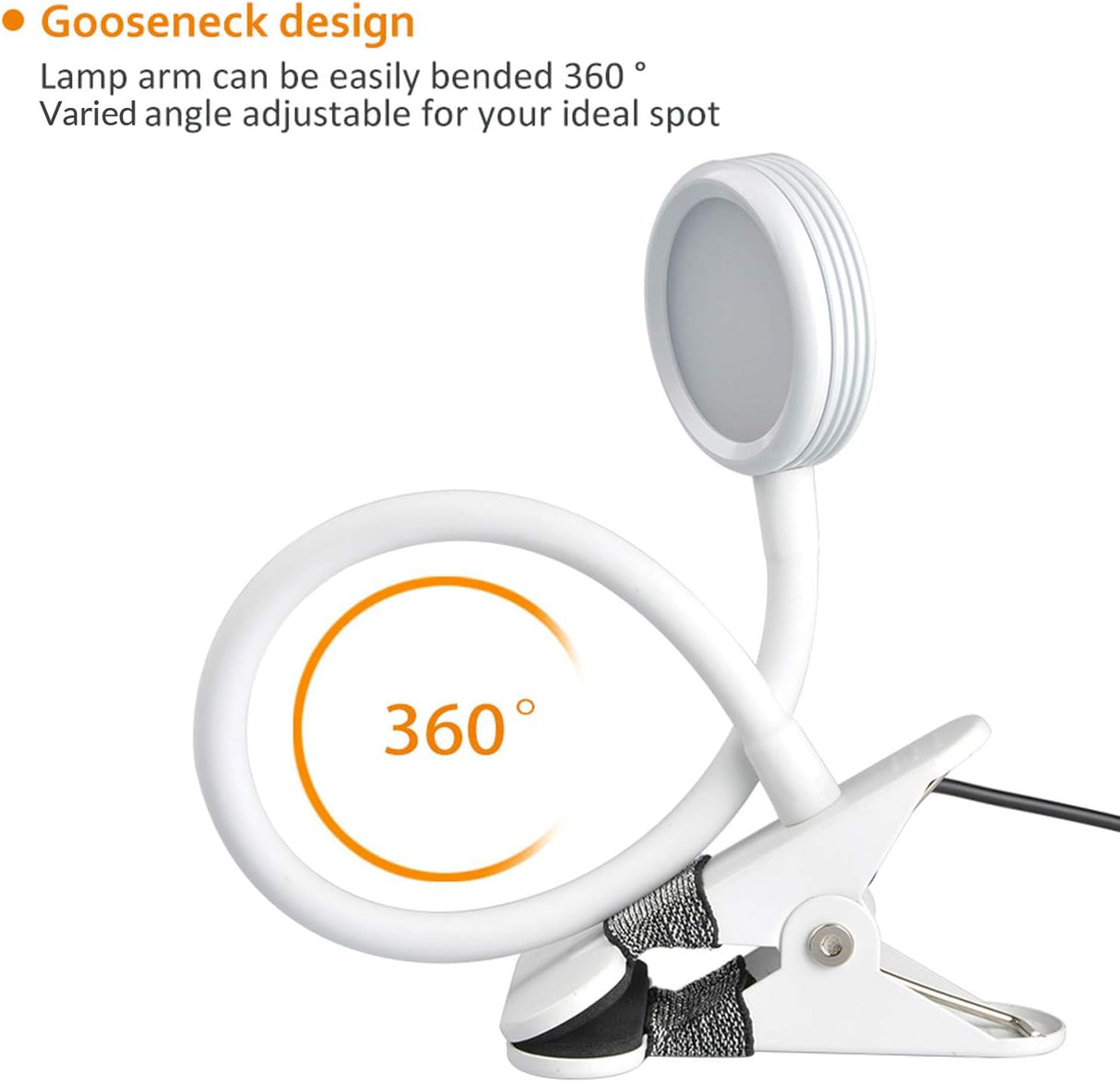 LEPOWER Clip on Light/Reading Lights/Book Light Color Changeable/Night Lights Clip on for Desk, Bed Headboard and Computers, Adapter Included (White)