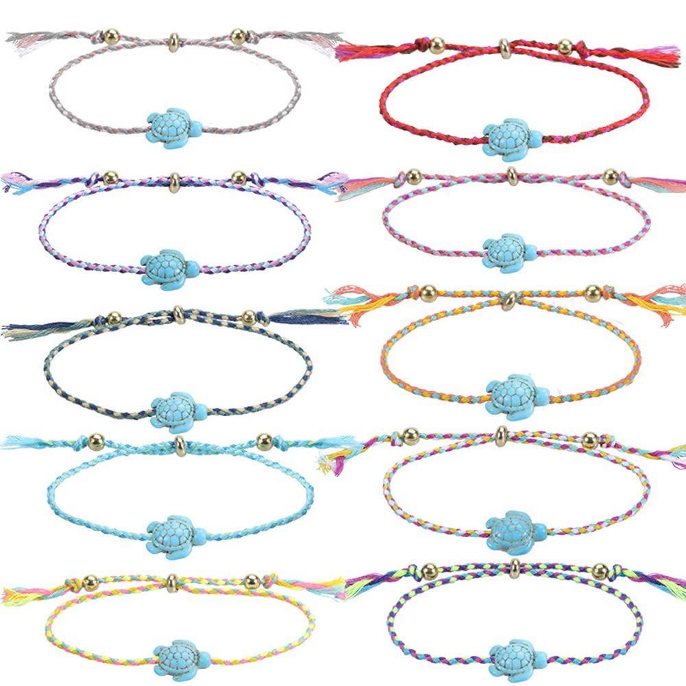COLORFUL BLING 12Pc Adjustable Natural Sea Shell Starfish Cowries Strand Bracelets Handmade Braided Turtle Tortoise Beads Bracelet for Women Surfer Beach Friendship Jewelry (O 10Pcs turtle beads)