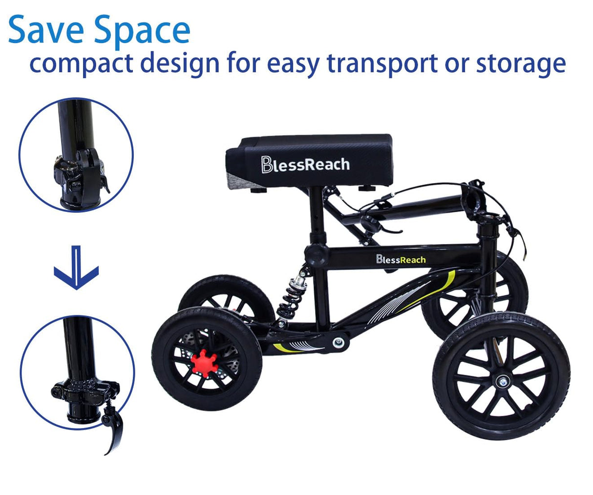 BlessReach All Terrain Steerable Knee Scooter Crutch Alternative，Deluxe Medical Scooter Double Handbrake,for Adults Injured Ankle & Foot Recovery Scooter in Black