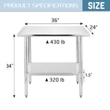 Hally Stainless Steel Table for Prep & Work 24 x 36 Inches, NSF Commercial Heavy Duty Table with Undershelf and Galvanized Legs for Restaurant, Home and Hotel