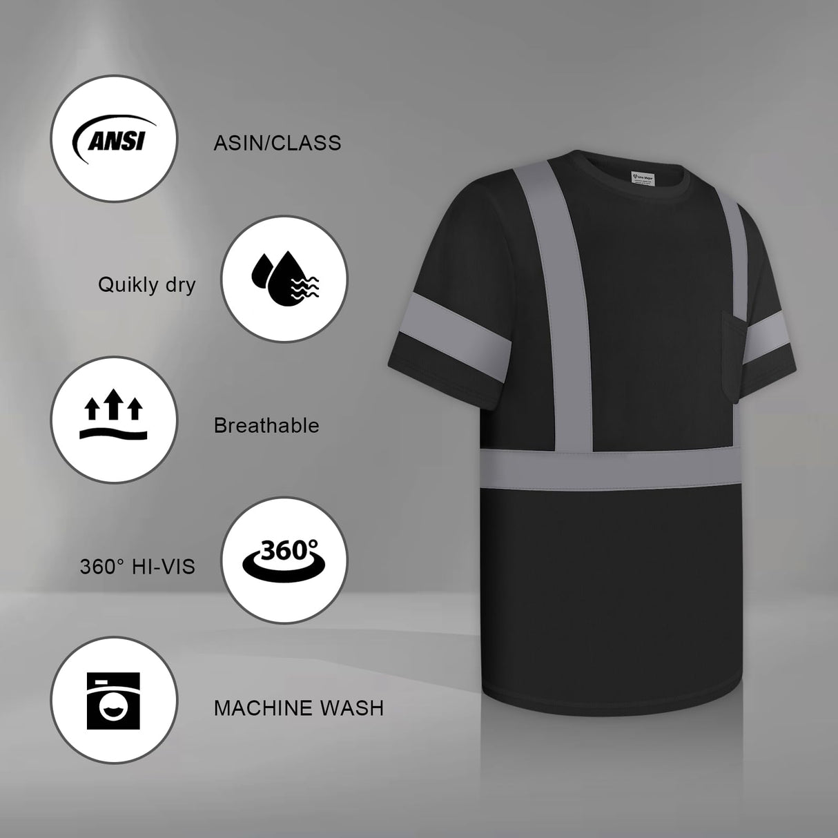 Uno Mejor Work Shirts for Men ConstrUCRtion Class 3 High Visibility Shirts, Hi Vis Reflective Safety T-Shirts for Men Women, Short Sleeve Work Shirts, Durable to Use, UCR-Black XL,3PACK