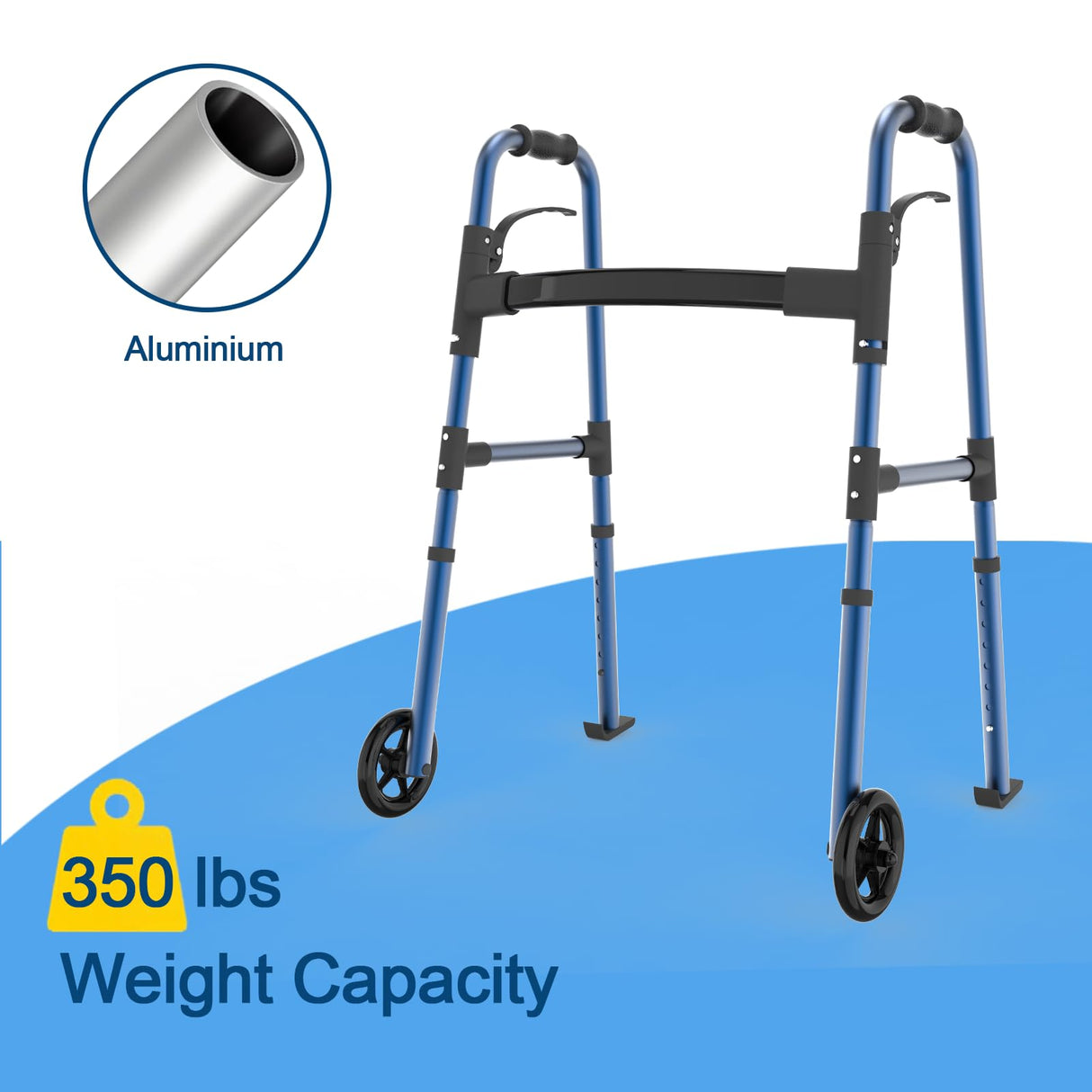 Loyoda Folding Walkers for Seniors,FSA/HSA Eligible Medical Walker 5'' Front Wheel Lightweight Walker with Storage Bag and Skis Glides Height Adjustable Aluminum Compact Standard Walker （Blue）