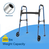 Loyoda Folding Walkers for Seniors,FSA/HSA Eligible Medical Walker 5'' Front Wheel Lightweight Walker with Storage Bag and Skis Glides Height Adjustable Aluminum Compact Standard Walker （Blue）