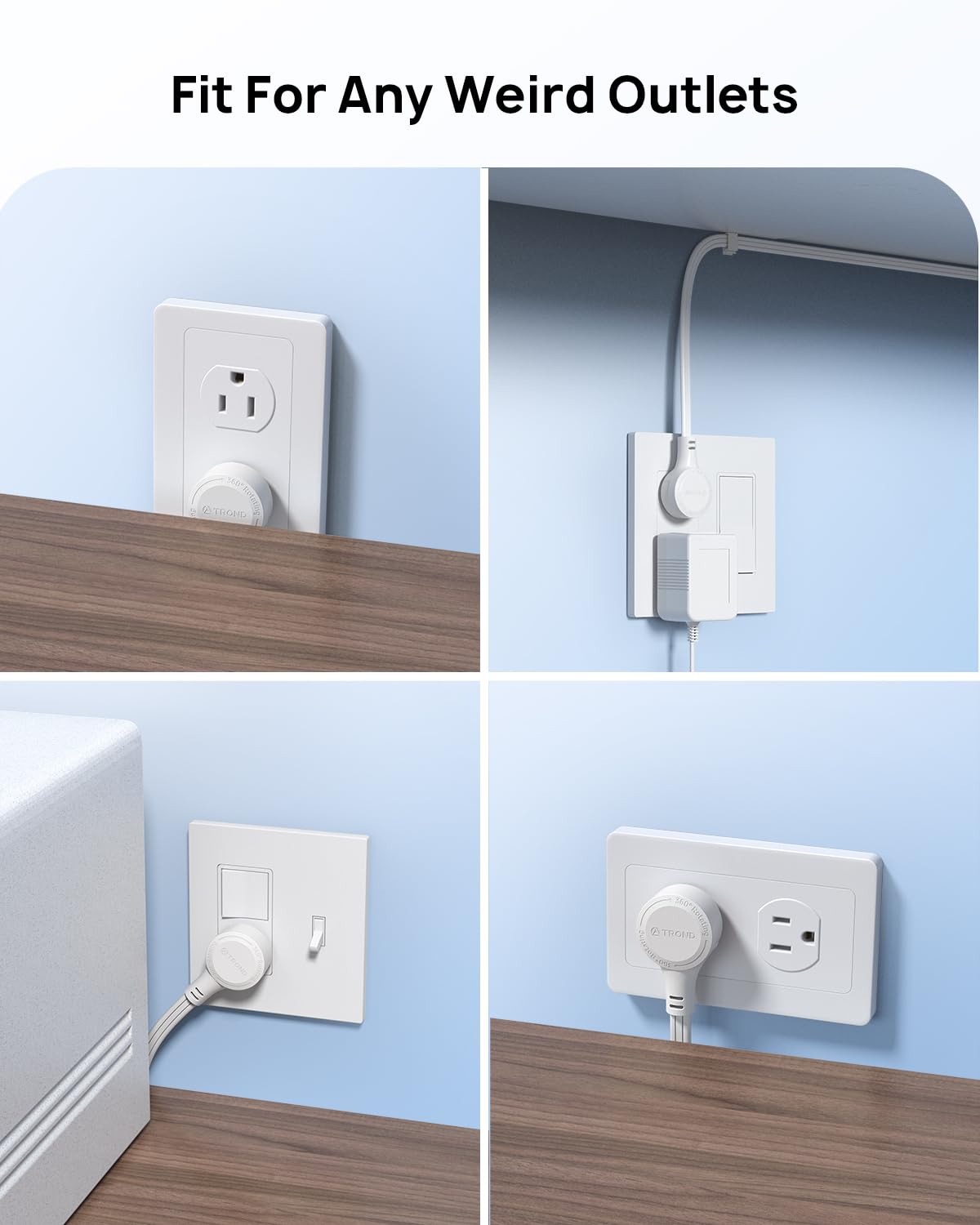 TROND Flat Extension Cord 10ft with 360° Rotating Plug, Low Profile Small Power Strip, 3 Prong Grounded Outlets Cube, 13A, SPT 16/3 AWG Cable, for Indoor Home Office Kitchen Cruise Essentials, White