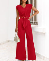 PRETTYGARDEN Women's Casual Summer Outfits 2 Piece Cute Cap Sleeve Tie Front Tops Loose Fit Pant Fashion Airport Outfit(Solid Red,Medium)