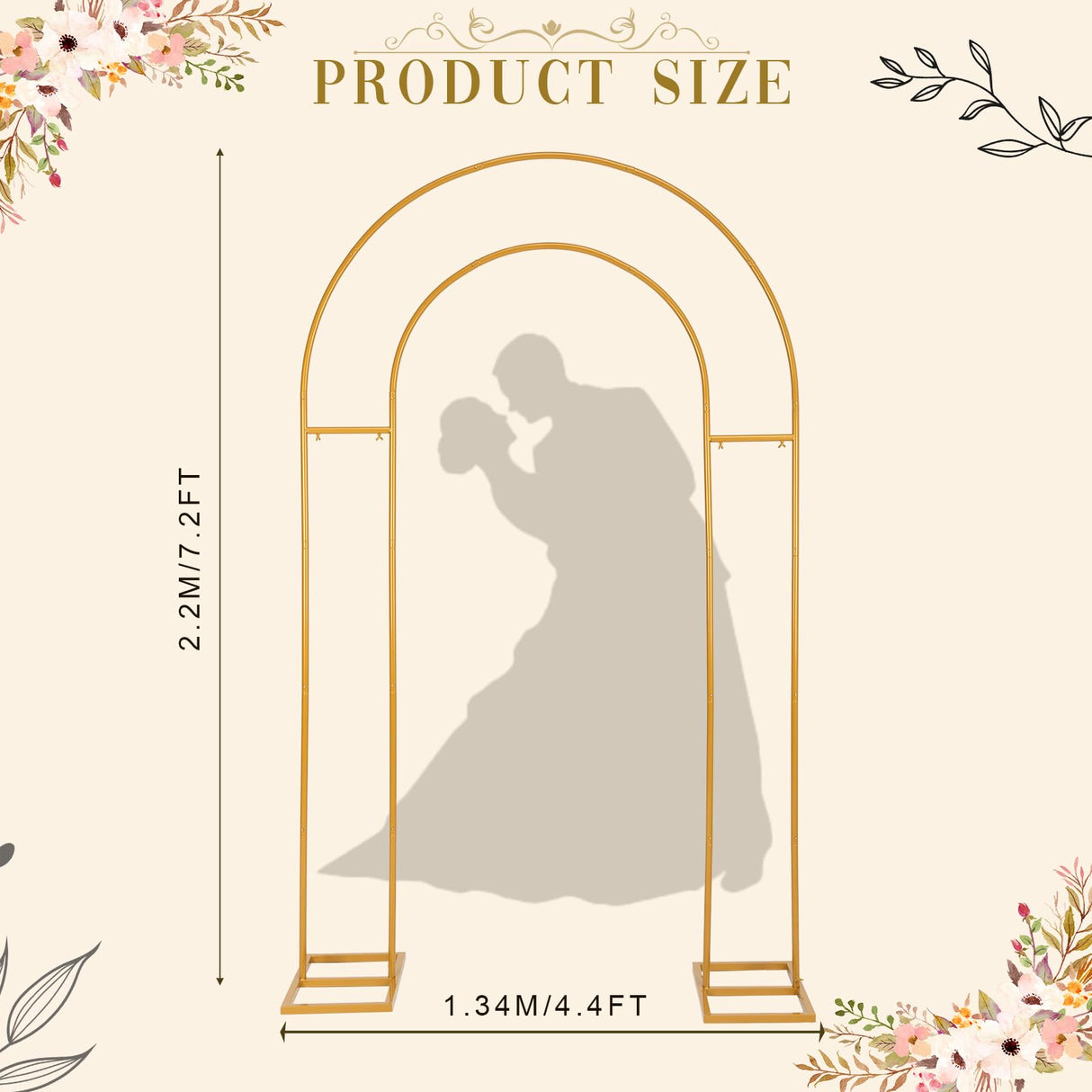 Open Arch Backdrop Stand Gold Metal Double Arch Backdrop Stand U Shaped Frame 7.2ft×4.4ft Flower Arches for Wedding Ceremony Baby Shower Birthday Garden Arch Party Decorations