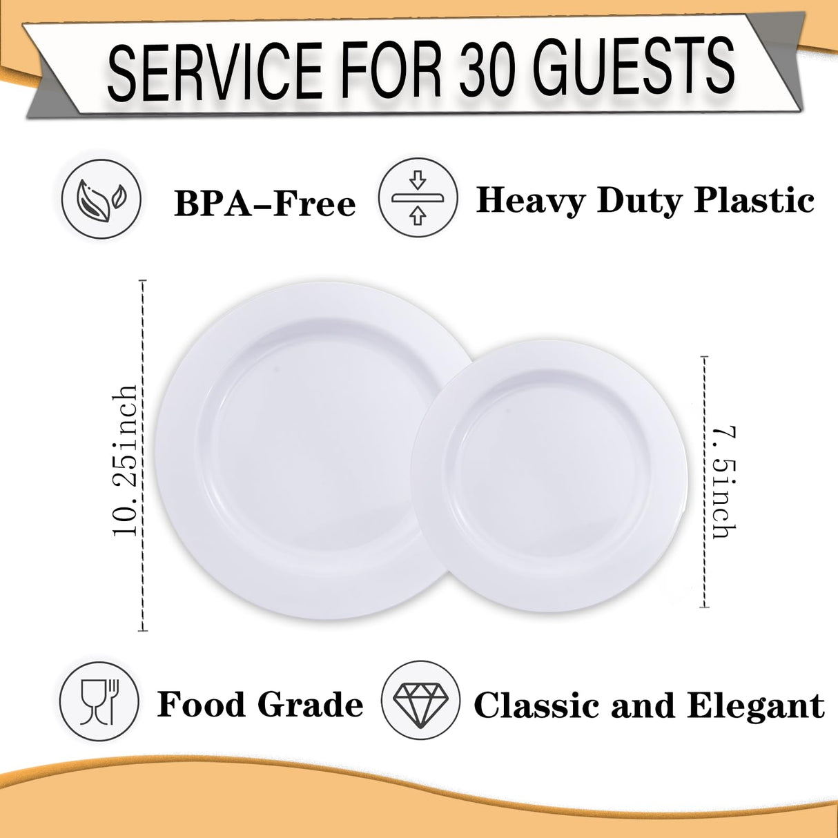 FLOWERCAT 60PCS White Plastic Plates - Heavy Duty White Disposable Plates for Christmas/Thanksgiving Party/Wedding -serve for 30 guests Include 30PCS 10.25" & 30PCS 7.5" Plates for Party