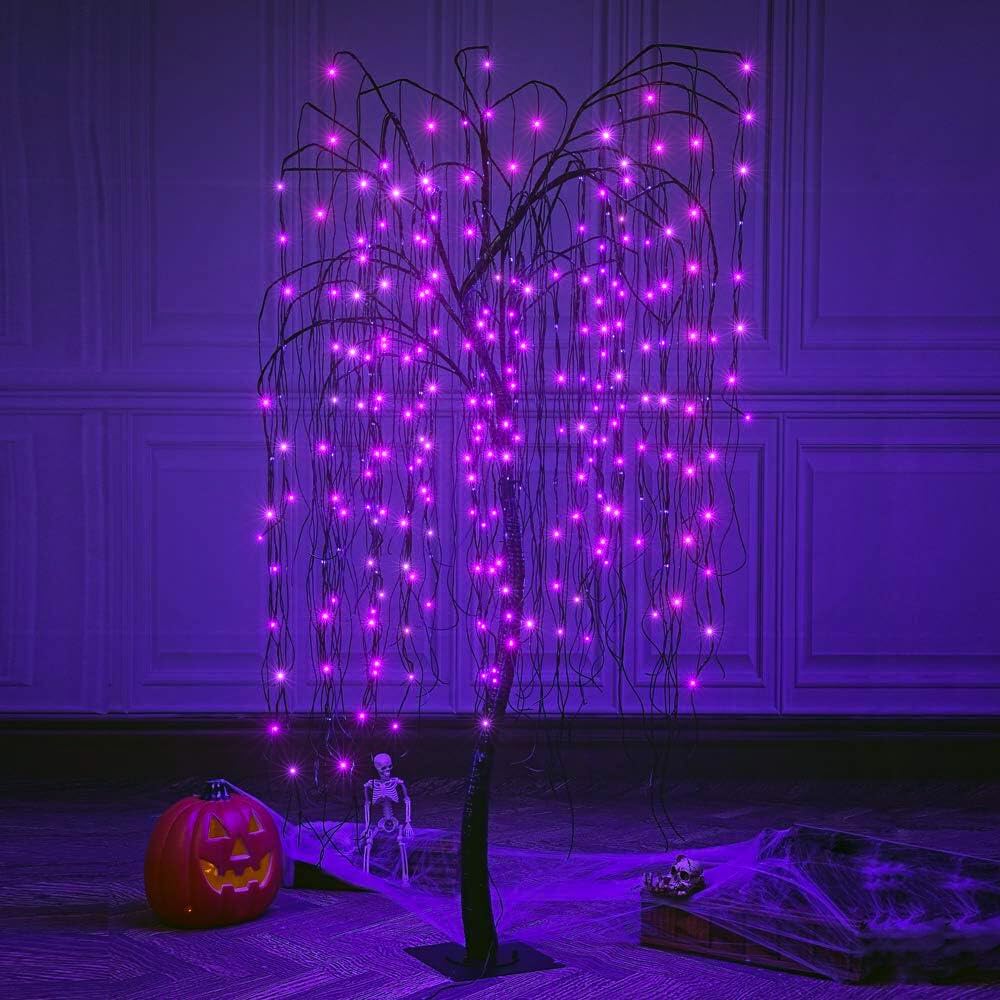LIGHTSHARE 7 Feet Halloween Willow Tree with Spiders, 256 LED Lights for Home, Festival,Nativity, Party, and Christmas Decoration,Indoor Outdoor Use, Purple