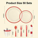 BESTSTAR 350PCS Clear and Red Disposable Plates Set for 50 Guests, 100 Plastic Plates, 50 Plastic Cups, 50 Pre-Rolled Napkins with Cutlery for Party, Christmas, Thanksgiving, Birthday, Halloween