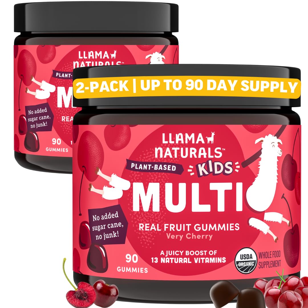Llama Naturals Kids Multivitamin Gummies, Vegan, Organic with Vitamin D, C & K, Toddler Real Fruit Gummy Vitamins, Chewable Supplement, Whole Food Multivitamin, No Added Sugar Cane, Cherry, 2 Pk