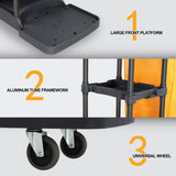TUFFIOM Extra Large Commercial Traditional Cleaning Janitorial 3-Shelf Cart, 500 Lbs Capacity Housekeeping Cart, 42.5" L x 18.7" W x 37.6" H, Wheeled with 22 Gallon Yellow VinylBag Cover w Lid, Black