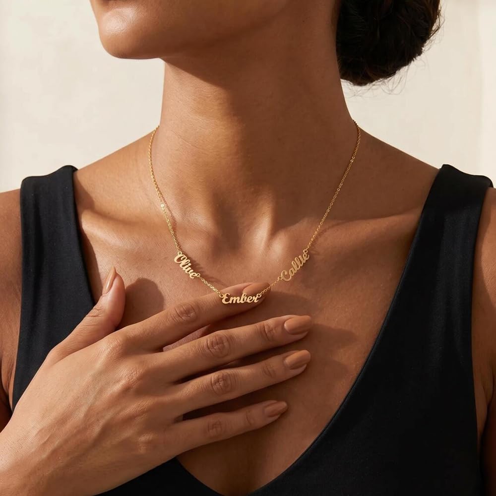 Xianofu Personalized Name Necklace with Curb Chain, 18K Gold Plated Handmade Custom Family Choker Customized Child Nameplate Necklace Mother's Day Jewelry Gift for Mom, Wife (3 Names Necklace)