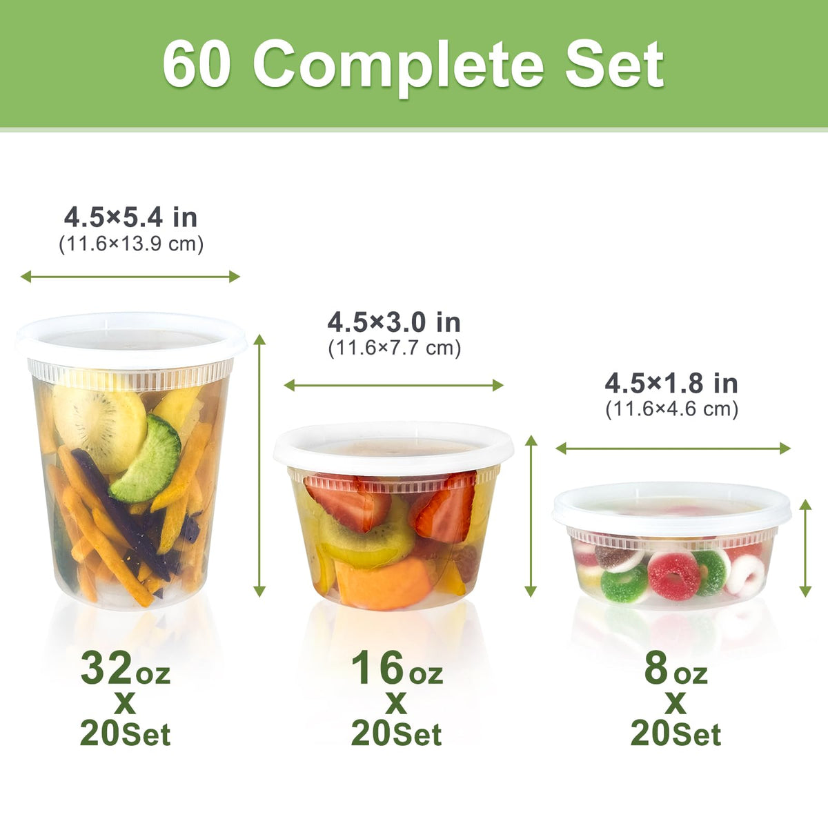 60 Sets (120-Piece) Deli Containers with Lids, 32/16/8 oz X 20 Set Each