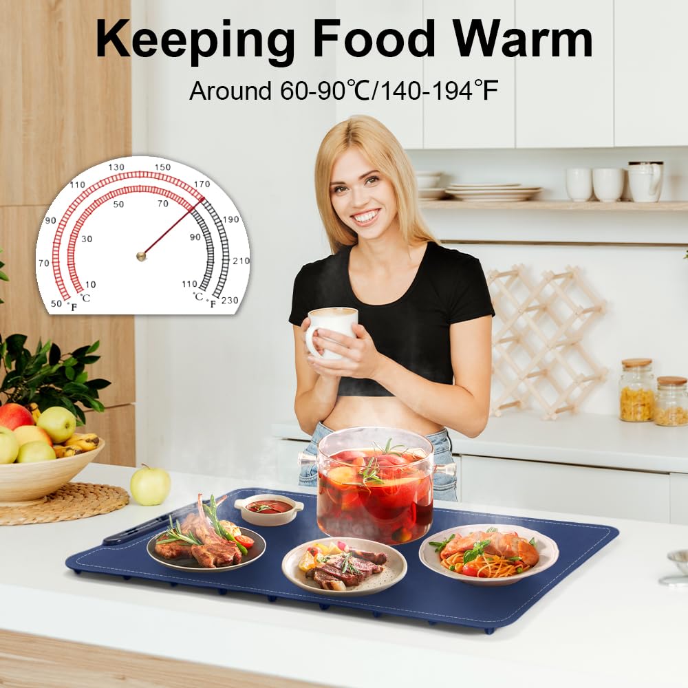 Extra-Large Warming Mat for Food - 3 Temp Levels Food Warmers, Foldable Electric Warming Tray with Child Safety Lock, Auto-Shutoff, Full Surface Heating Silicone Heating Tray for Gatherings, Parties