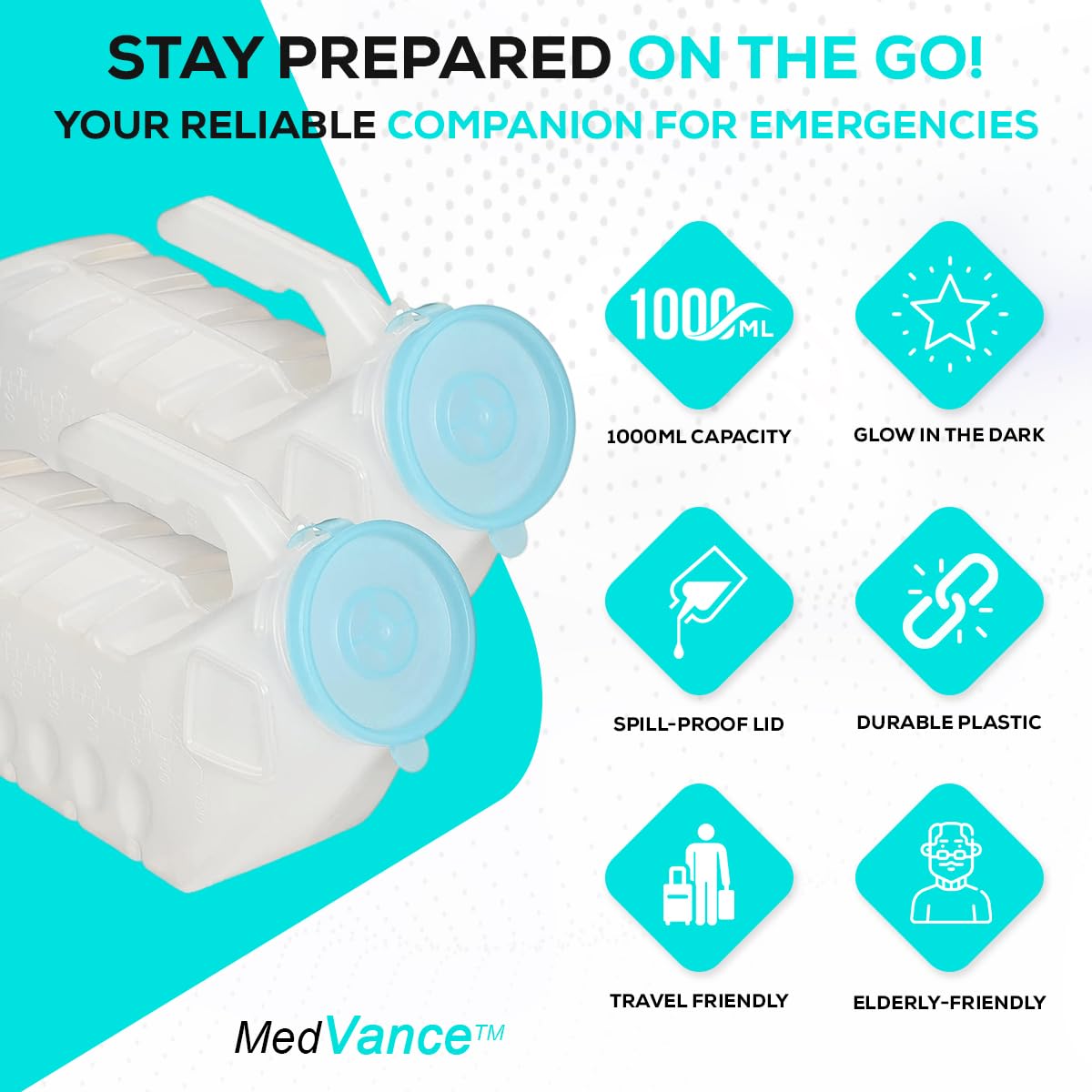 MedVance- Urinals for Men 1000ml with Glow in The Dark Spill Proof Pop Cap Lid, Plastic Pee Bottles for Men, Male Urinals, Pee Container Men, Portable Urinal for Car, Elderly & Incontinence (8 Pack)