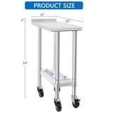 HARDURA Stainless Steel Commercial Work Table with Wheels Prep & Work Metal Table 30×12 Inches Heavy Duty NSF with Casters and 2" Backsplash