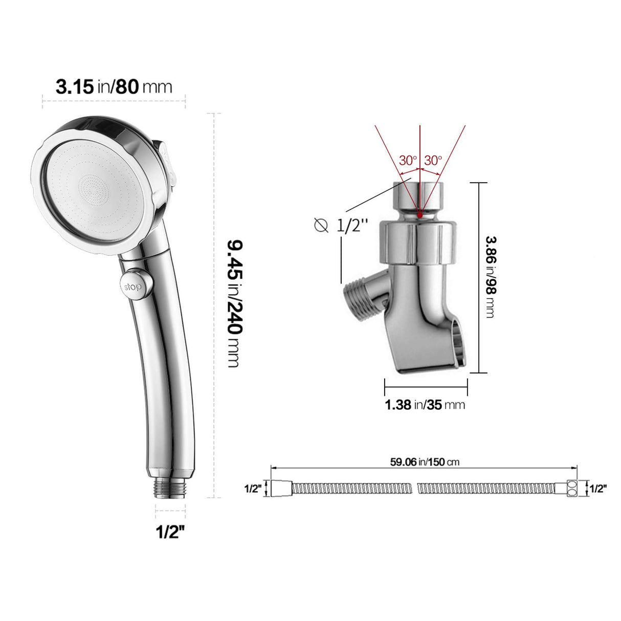 KAIYING Chrome High Pressure Handheld Shower Head with ON/OFF Pause Switch, 3 Spray Modes Shower Wand with Shut Off Button, Removable Camper Shower Head with Hose and Adjustable Angle Bracket